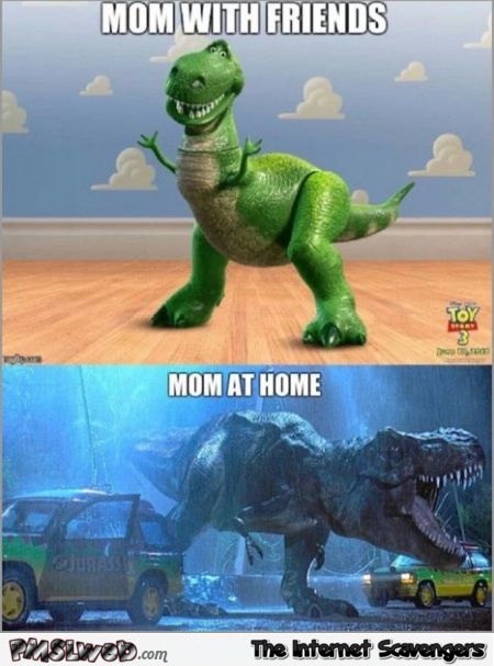Mum in public versus mum at home funny t-rex meme