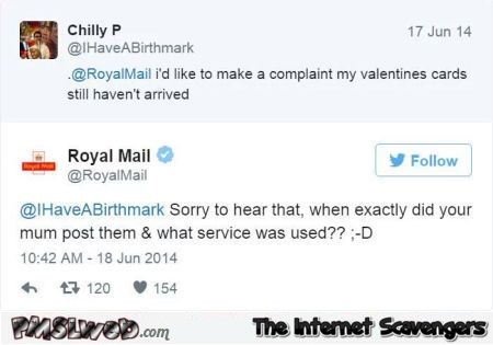 Funny royal mail comment regarding Valentine's day cards @PMSLweb.com