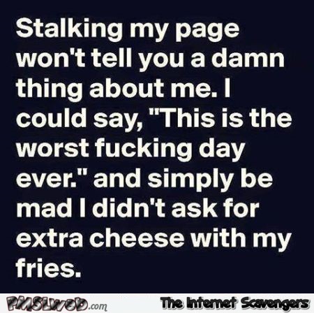 Stalking my page won't tell you a damn thing about me sarcastic humor @PMSLweb.com