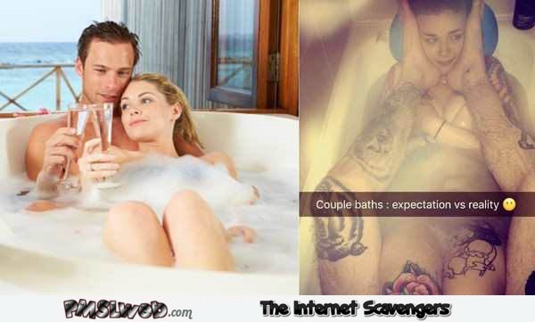 Couple baths expectations versus reality funny meme @PMSLweb.com