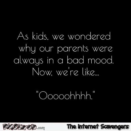 As kids we wondered why our parents were always in a bad mood funny quote @PMSLeb.com