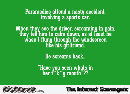 Man in sports car accident joke adult humor @PMSLweb.com