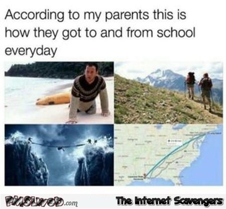 The route parents followed to go to school funny meme