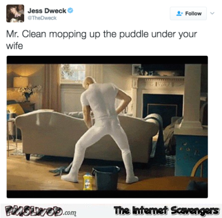 Mr Clean mopping up the puddle under your wife funny tweet @PMSLweb.com