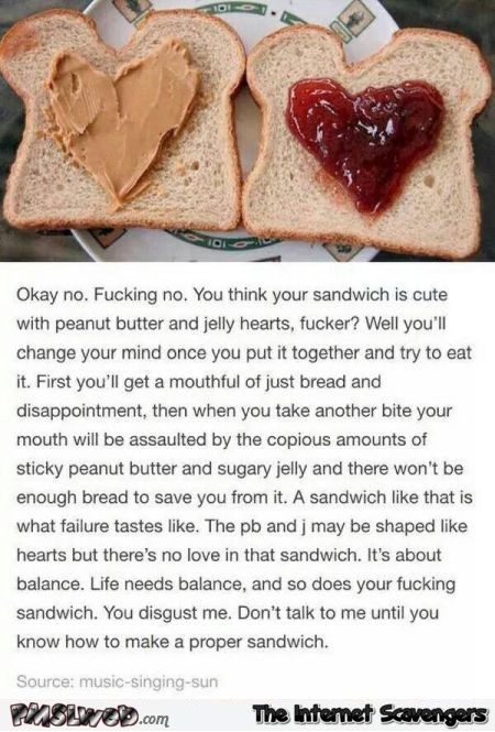 Funny sarcastic peanut butter and jelly hearts sandwich fail @PMSLweb.com