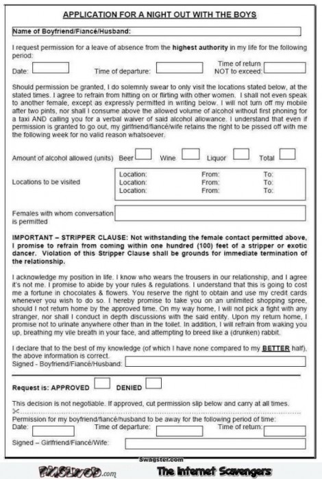Application form for a night out with the boys humor
