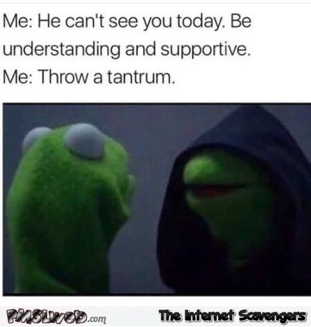 When your boyfriend can't see you today funny evil Kermit meme @PMSLweb.com