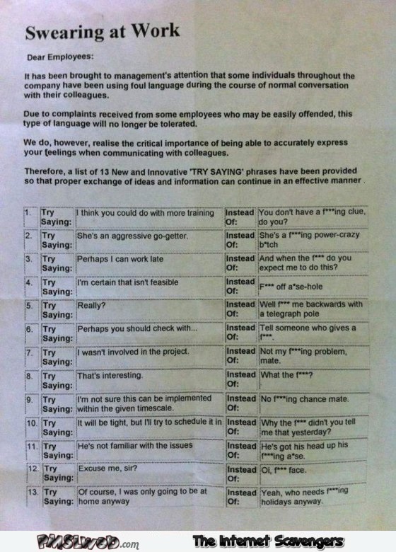  Funny sarcastic swearing at work guide @PMSLweb.com