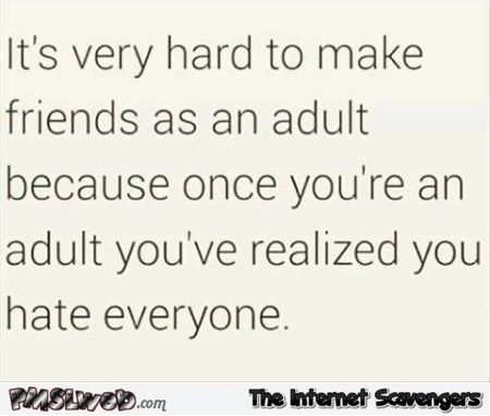 It's very hard to make friends as an adult funny sarcastic quote @PMSLweb.com