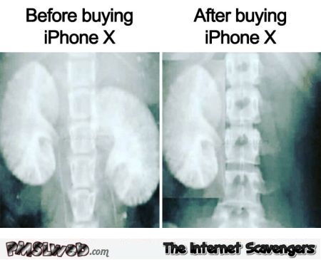 Before buying the iPhone X vs after funny meme - Jocular Internet nonsense @PMSLweb.com