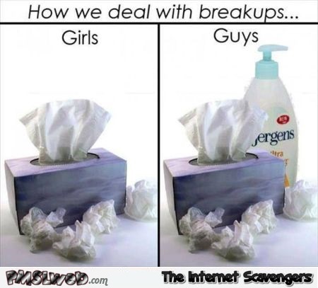 Girls dealing with breakups versus guys funny meme @PMSLweb.com