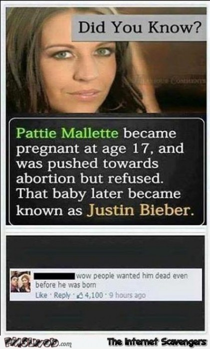 Justin Bieber's mom wanted to abort funny meme