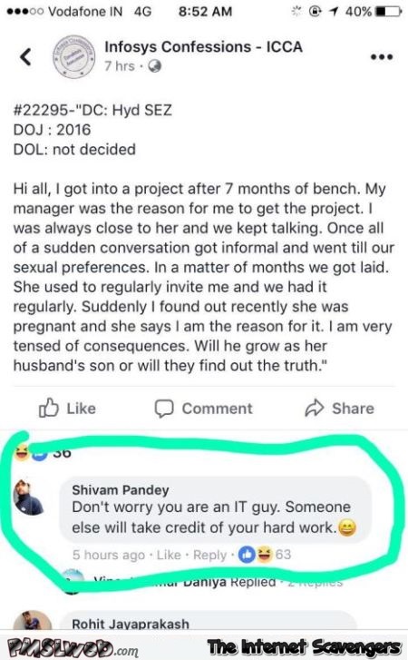 IT guy gets his mistress pregnant funny Facebook comment - Friday funnies @PMSLweb.com