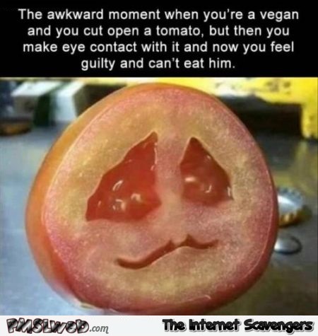 When a vegan makes eye contact with a tomato funny meme @PMSLweb.com