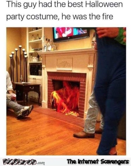 Guy dressed as fire for Halloween funny meme - Funny Halloween pictures @PMSLweb.com