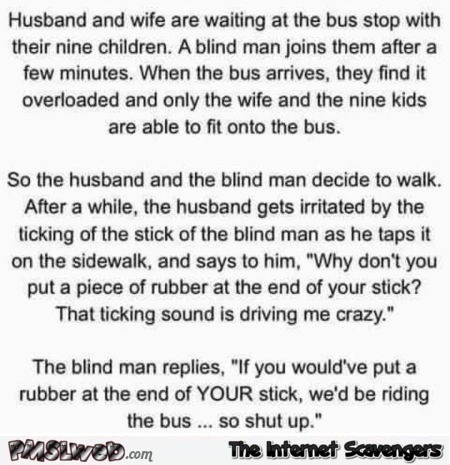 Husband and wife with 9 children at the bus stop funny adult joke - Laugh out loud pictures @PMSLweb.com