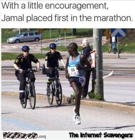 With a little encouragement black man wins the race funny inappropriate meme @PMSLweb.com