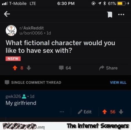 What fictional character would you like to have sex with funny comment