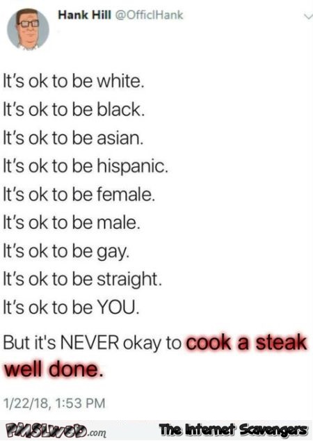 It's never okay to cook a steak well done funny tweet @PMSLweb.com