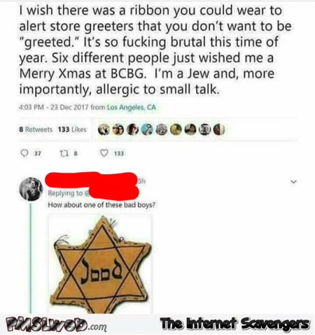 Inappropriate dark humor comment on Jewish post @PMSLweb.com