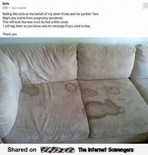 WTF pee stained sofa sale humor @PMSLweb.com