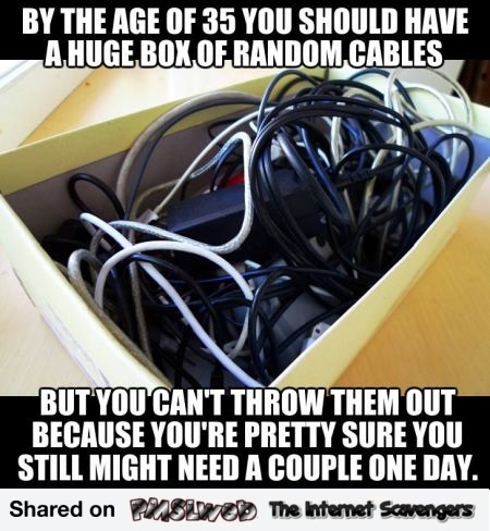 By the age of 35 you should have a big box of cables funny meme @PMSLweb.com