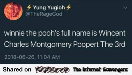 Winnie the Pooh's real name funny tweet - Hump day funnies @PMSLweb.com